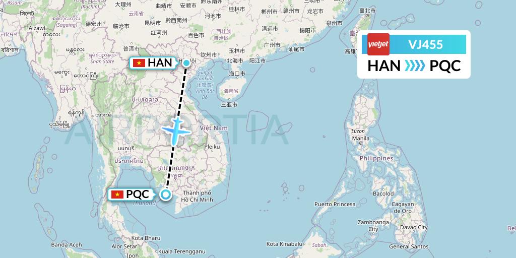 VJ455 VietJet Air Flight Map: Hanoi to Phu Quoc