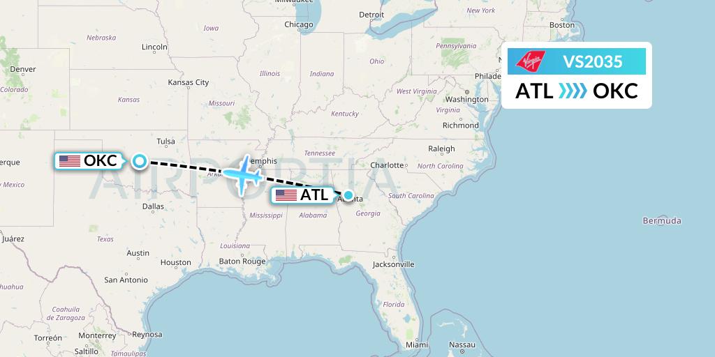 VS2035 Virgin Atlantic Airways Flight Map: Atlanta to Oklahoma City