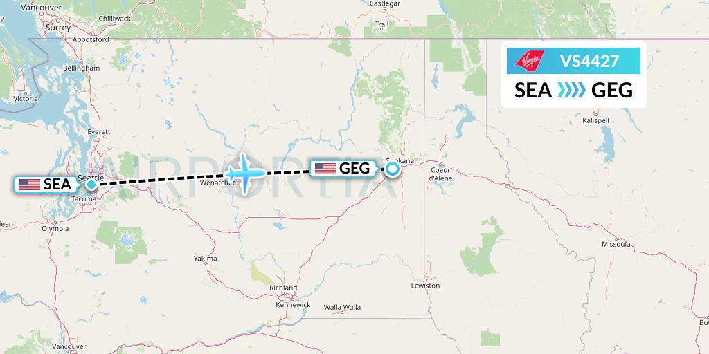 VS4427 Virgin Atlantic Airways Flight Map: Seattle to Spokane