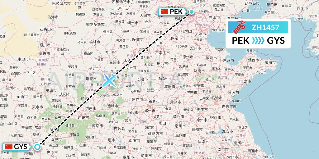 ZH1457 Shenzhen Airlines Flight Map: Beijing to Guangyuan