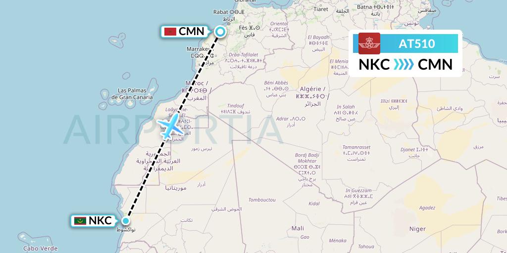 AT510 Royal Air Maroc Flight Map: Nouakchott to Casablanca