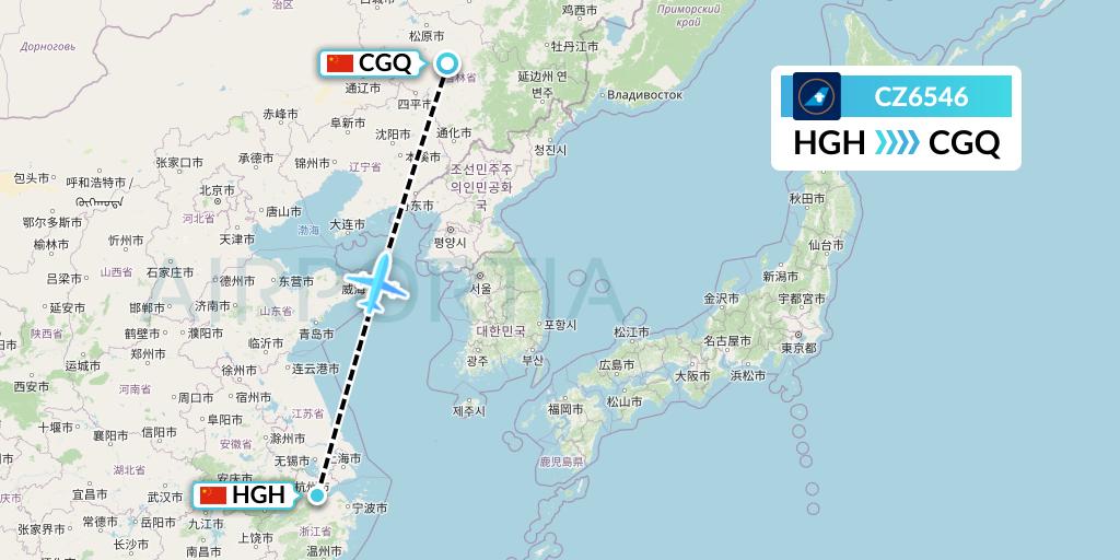 CZ6546 China Southern Airlines Flight Map: Hangzhou to Changchun