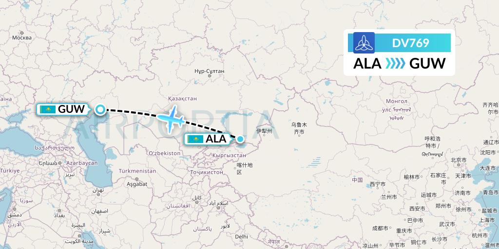 DV769 SCAT Flight Map: Almaty to Atyrau