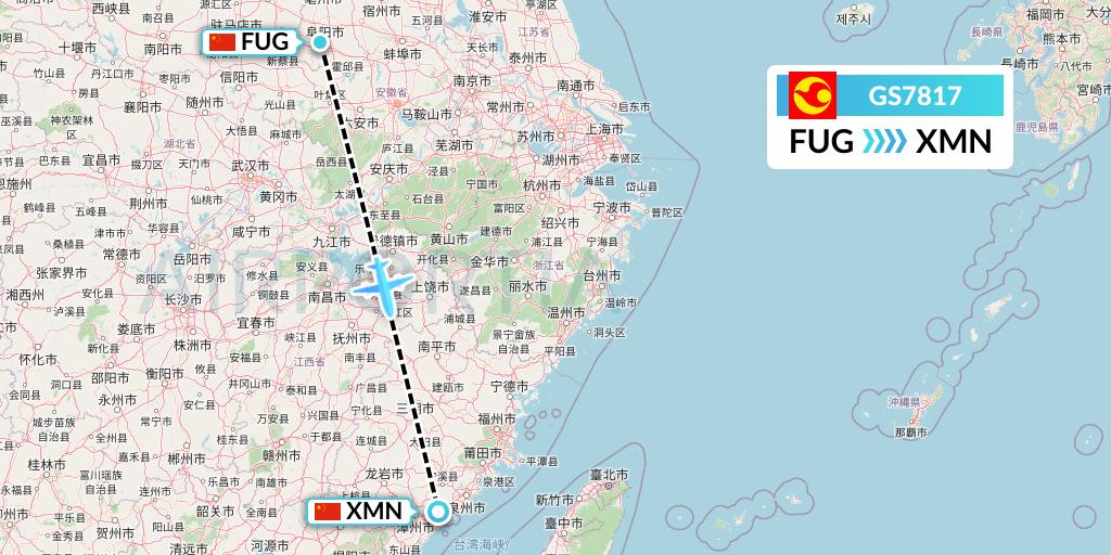 GS7817 Tianjin Airlines Flight Map: Fuyang to Xiamen