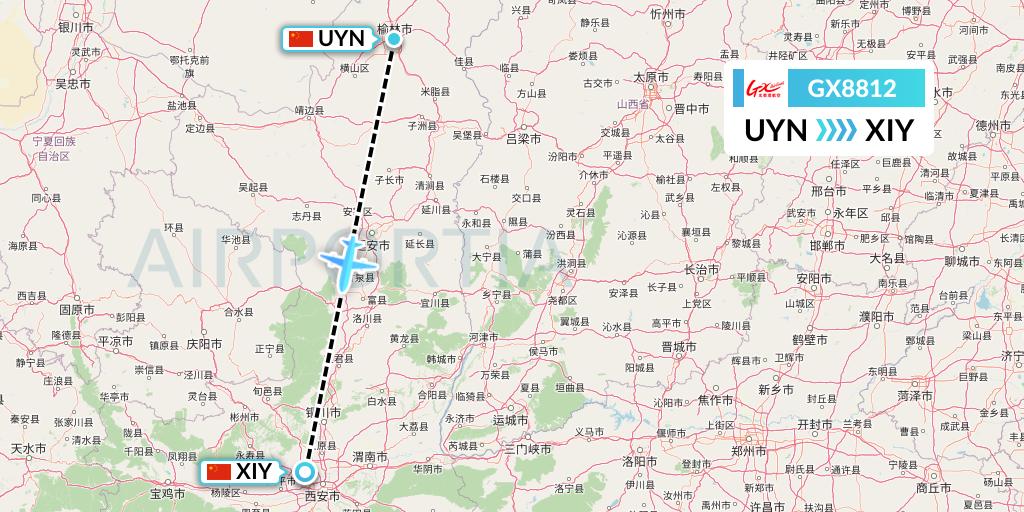 GX8812 GX Airlines Flight Map: Yulin to Xi'an