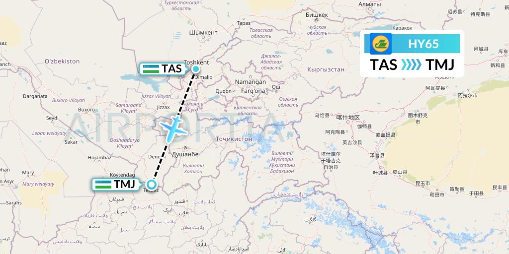 HY65 Uzbekistan Airways Flight Map: Tashkent to Termez