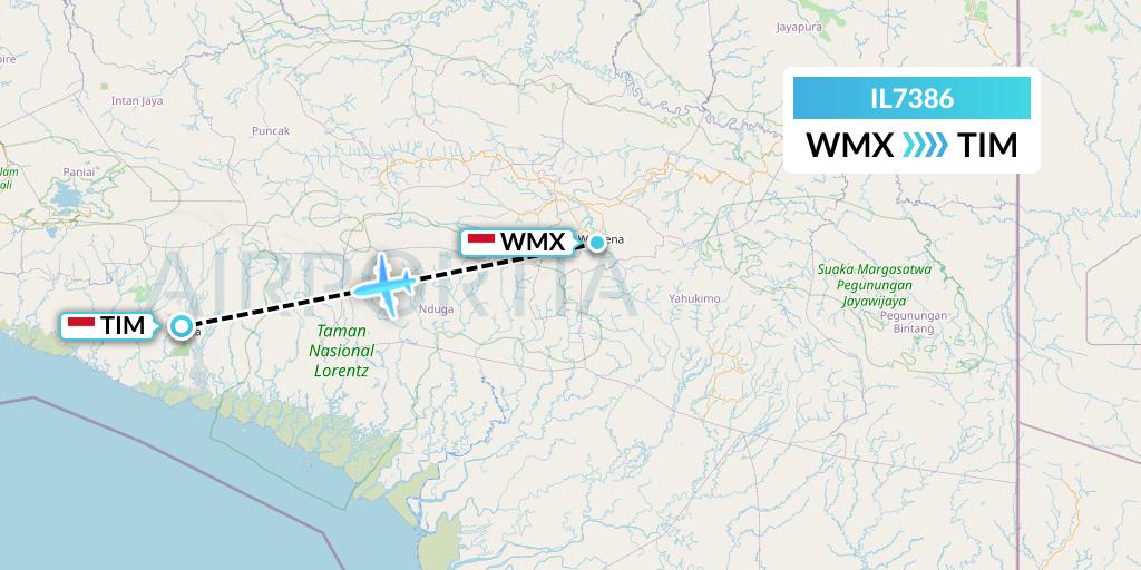 IL7386 Trigana Air Service Flight Map: Wamena to Timika