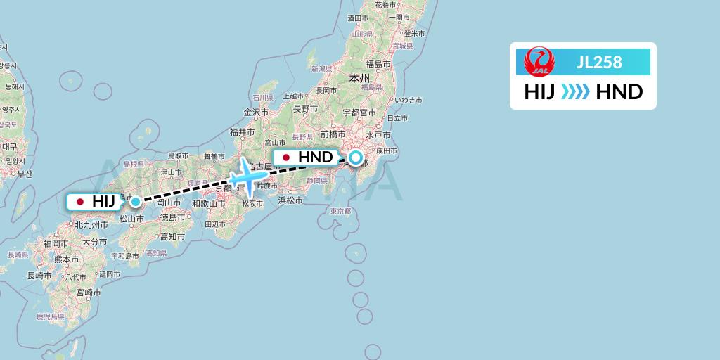 JL258 Japan Airlines Flight Map: Hiroshima to Tokyo