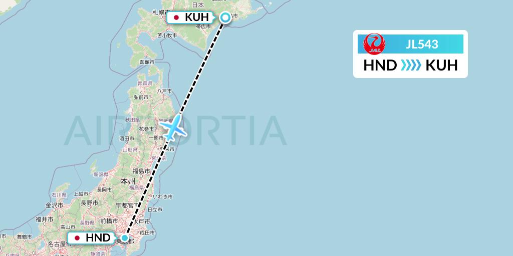 JL543 Japan Airlines Flight Map: Tokyo to Kushiro