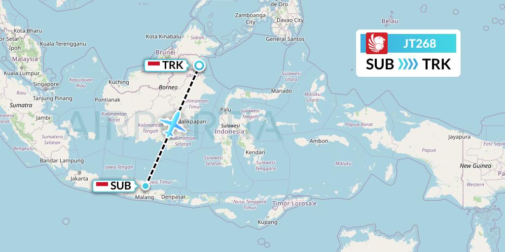 JT268 Lion Airlines Flight Map: Surabaya to Tarakan