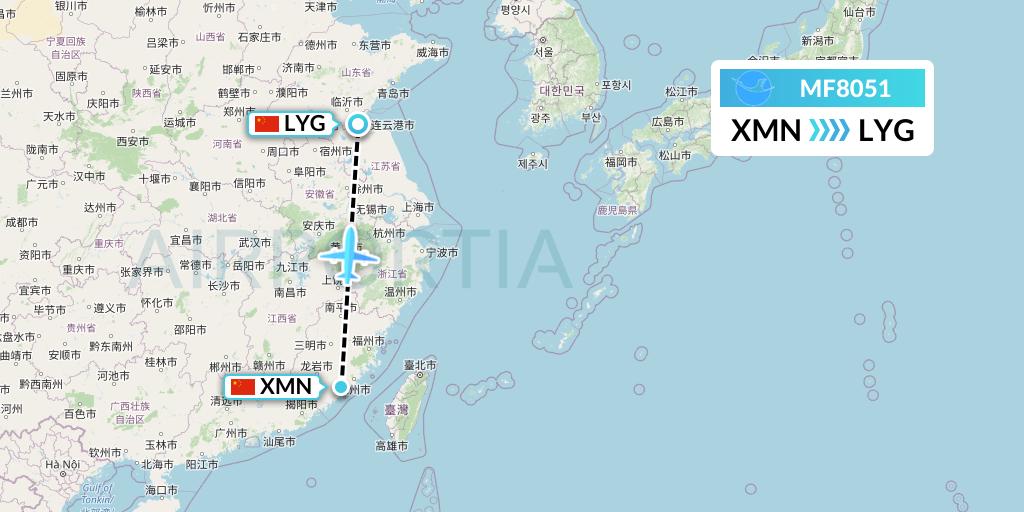 MF8051 Xiamen Airlines Flight Map: Xiamen to Lianyungang