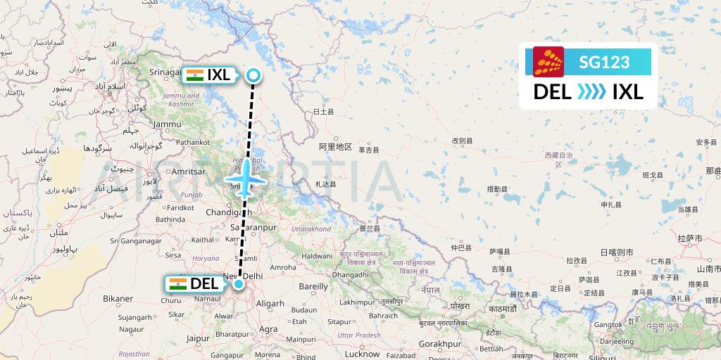SG123 SpiceJet Flight Map: Delhi to Leh