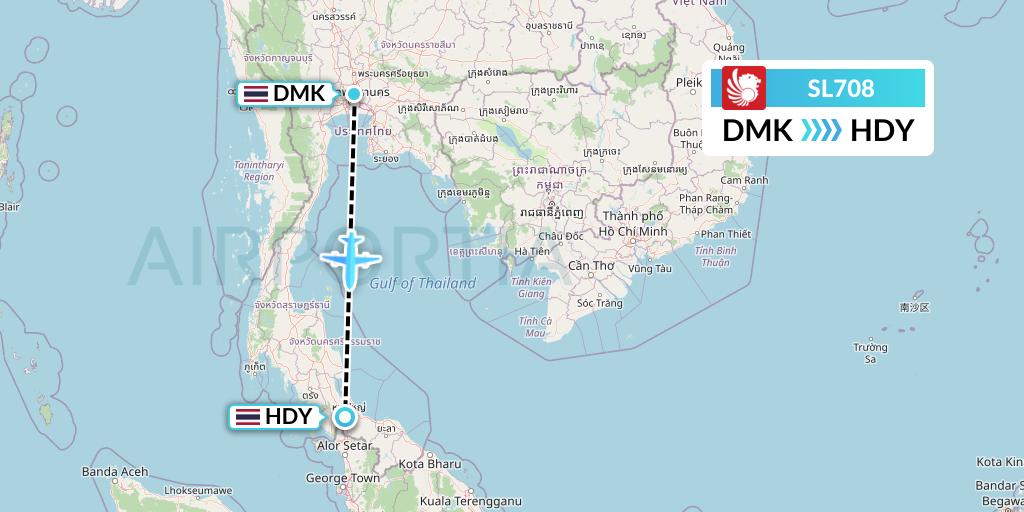SL708 Thai Lion Air Flight Map: Bangkok to Hat Yai
