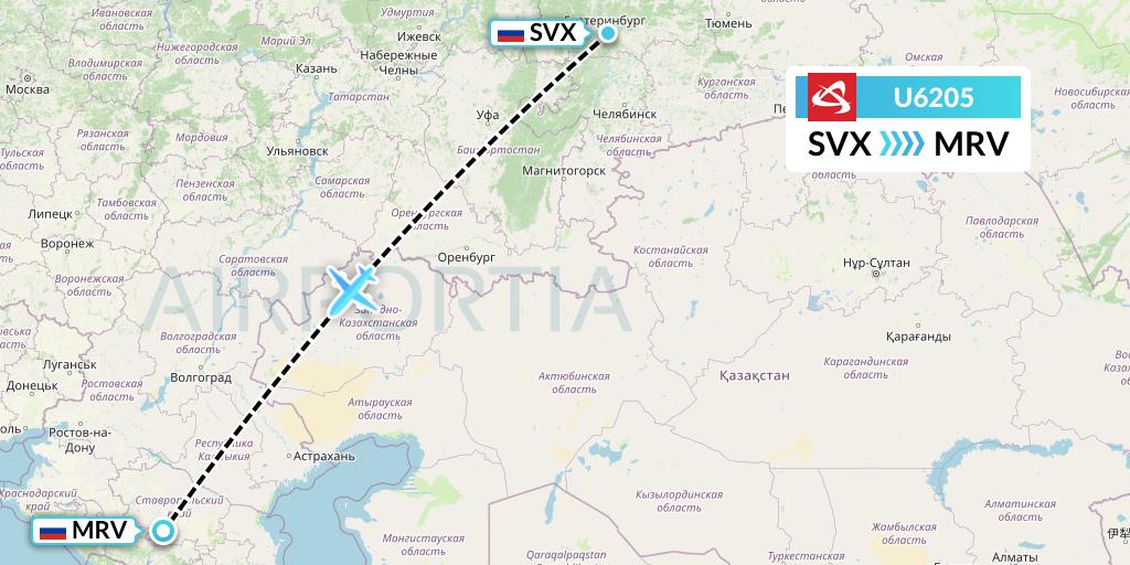 U6205 Ural Airlines Flight Map: Yekaterinburg to Mineralnye Vody