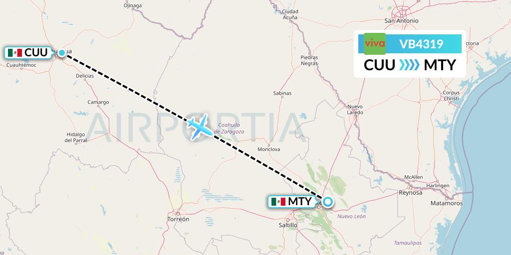 VB4319 VivaAerobus Flight Map: Chihuahua to Monterrey
