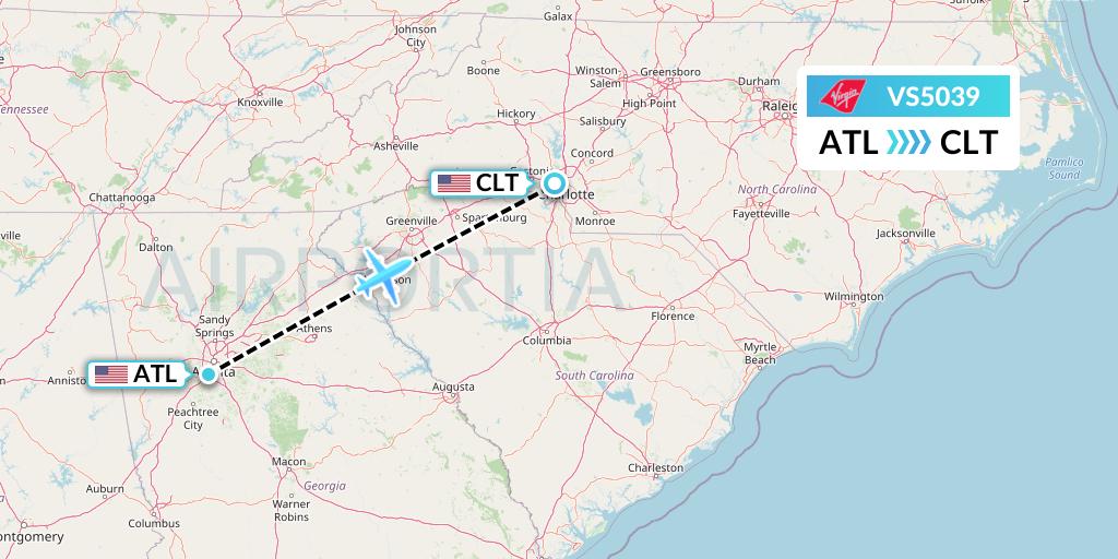 VS5039 Virgin Atlantic Airways Flight Map: Atlanta to Charlotte
