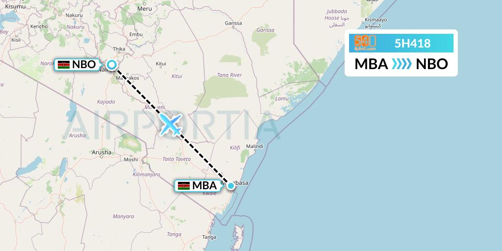 5H418 Fly540 Flight Map: Mombasa to Nairobi