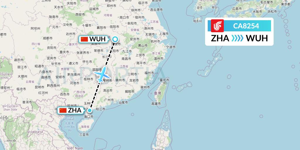 CA8254 Air China Flight Map: Zhanjiang to Wuhan