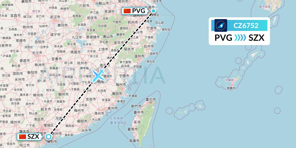 CZ6752 China Southern Airlines Flight Map: Shanghai to Shenzhen