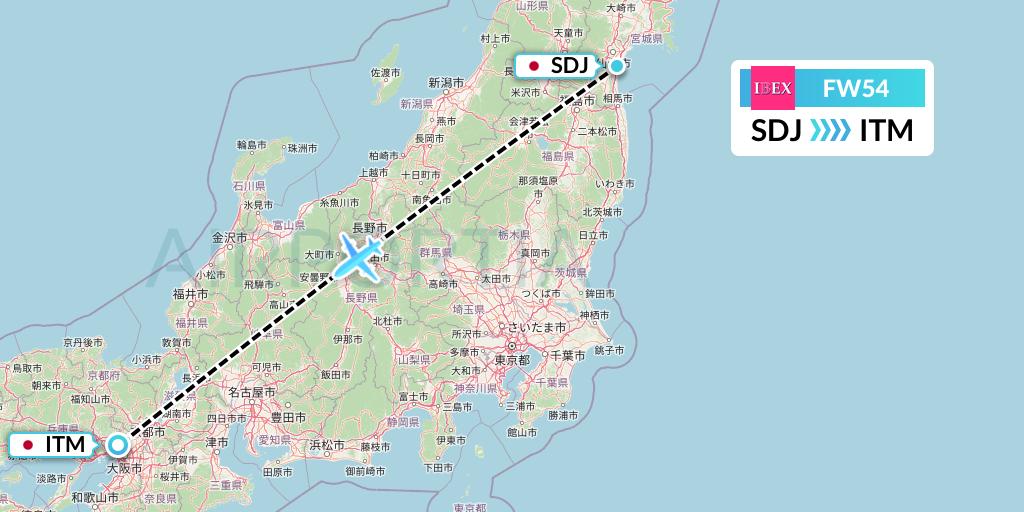 FW54 Ibex Airlines Flight Map: Sendai to Osaka