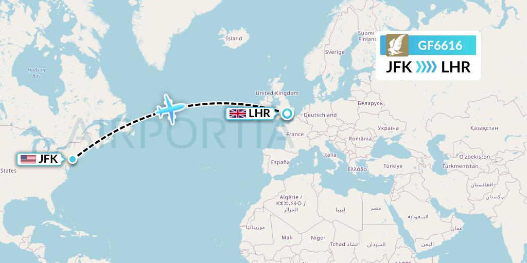 GF6616 Gulf Air Flight Map: New York to London