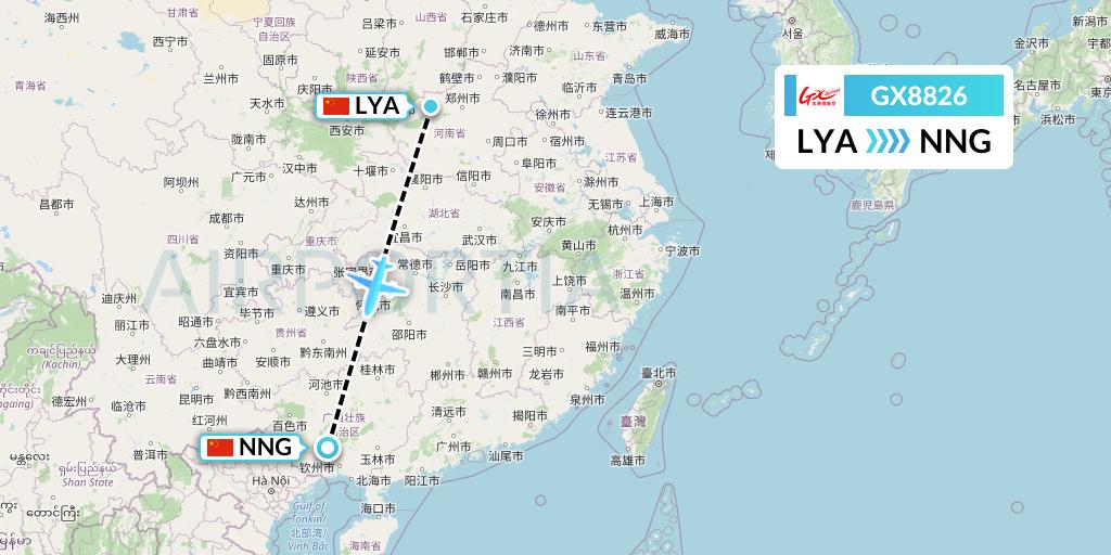 GX8826 GX Airlines Flight Map: Luoyang to Nanning