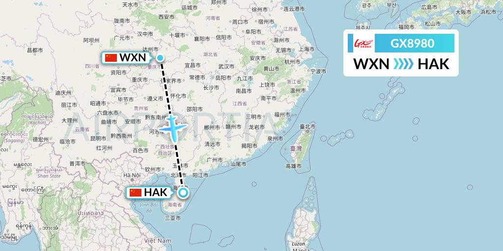 GX8980 GX Airlines Flight Map: Wanzhou to Haikou
