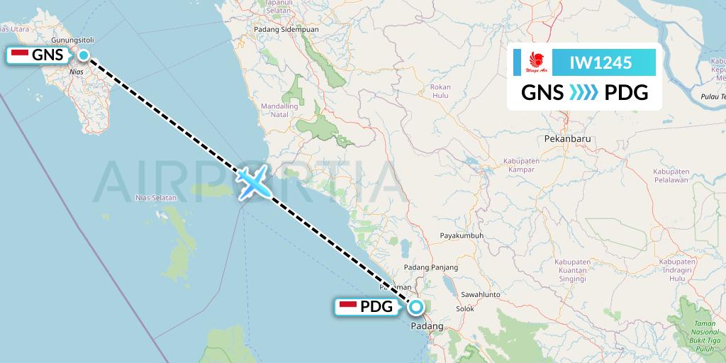 IW1245 Wings Air Flight Map: Gunung Sitoli to Padang