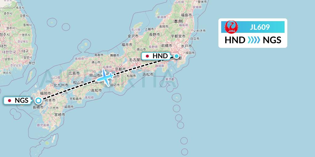 JL609 Japan Airlines Flight Map: Tokyo to Nagasaki