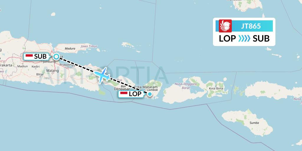 JT865 Lion Airlines Flight Map: Lombok to Surabaya