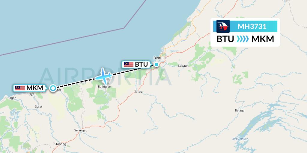 MH3731 Malaysia Airlines Flight Map: Bintulu to Mukah