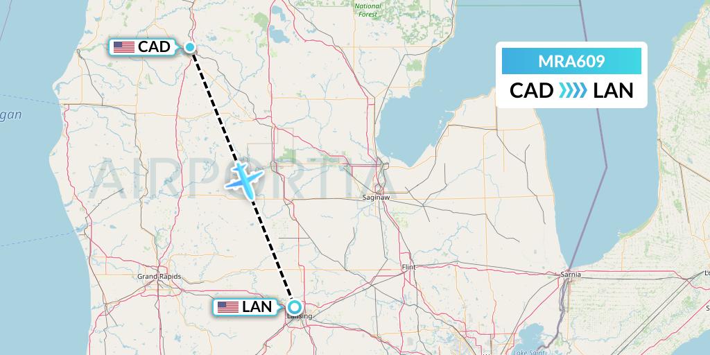 MRA609 Martinaire Flight Map: Cadillac to Lansing