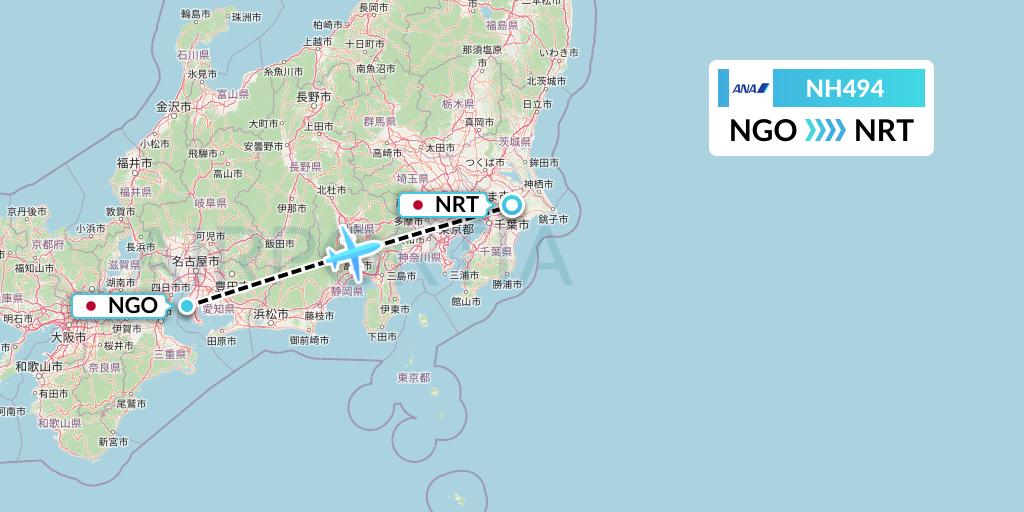 NH494 All Nippon Airways Flight Map: Nagoya to Tokyo