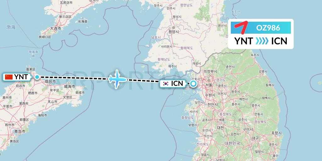 OZ986 Asiana Airlines Flight Map: Yantai to Seoul