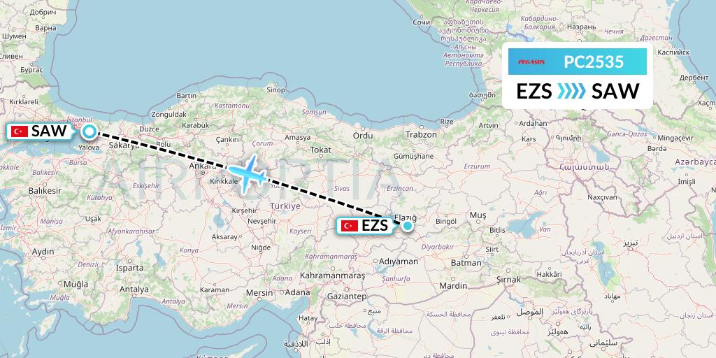 PC2535 Pegasus Airlines Flight Map: Elazig to Istanbul