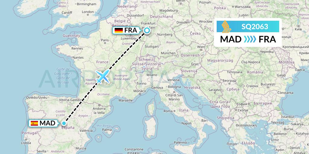 SQ2063 Singapore Airlines Flight Map: Madrid to Frankfurt