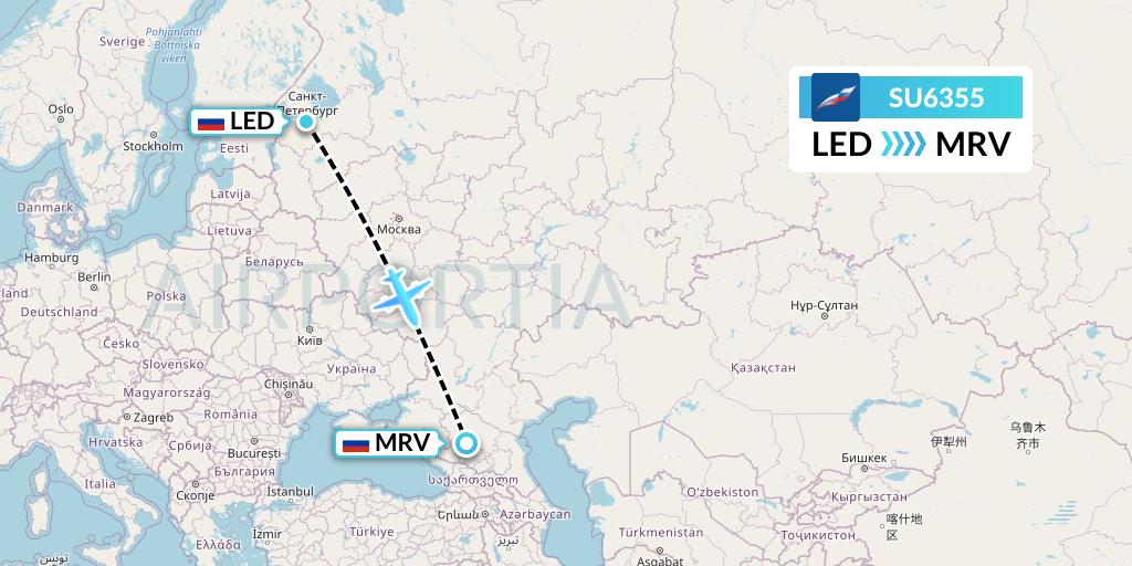 SU6355 Aeroflot Flight Map: St. Petersburg to Mineralnye Vody