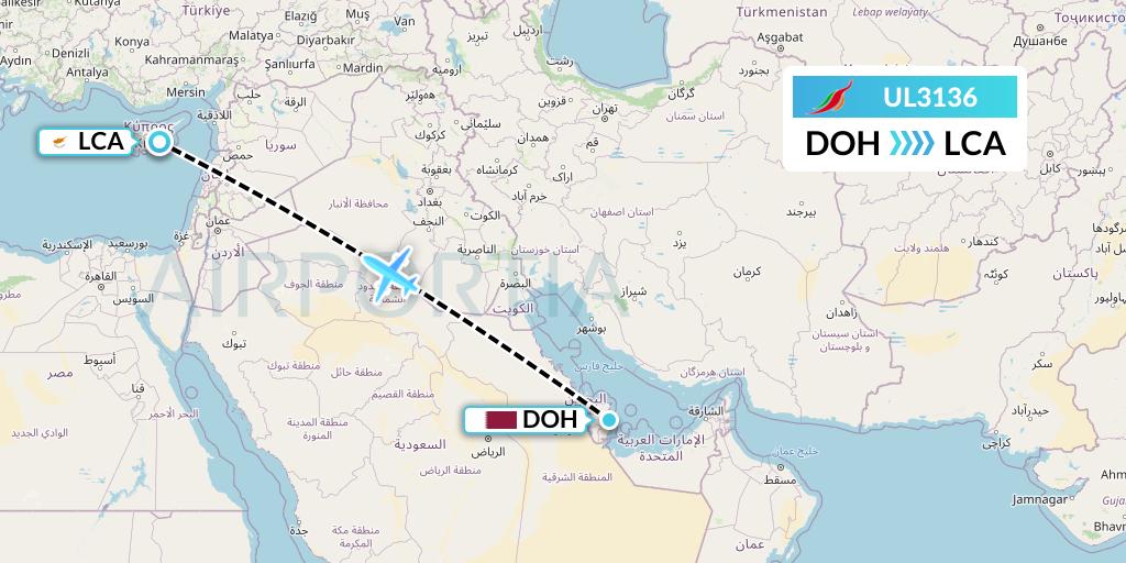 UL3136 SriLankan Airlines Flight Map: Doha to Larnaca