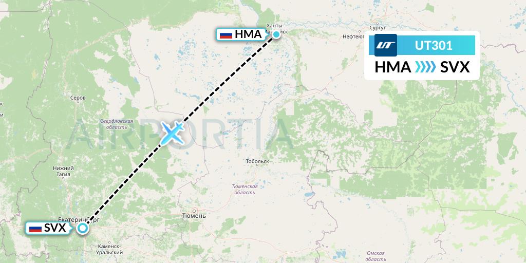 UT301 UTair Flight Map: Khanty-Mansiysk to Yekaterinburg
