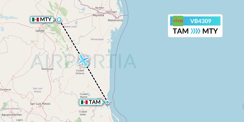 VB4309 VivaAerobus Flight Map: Tampico to Monterrey