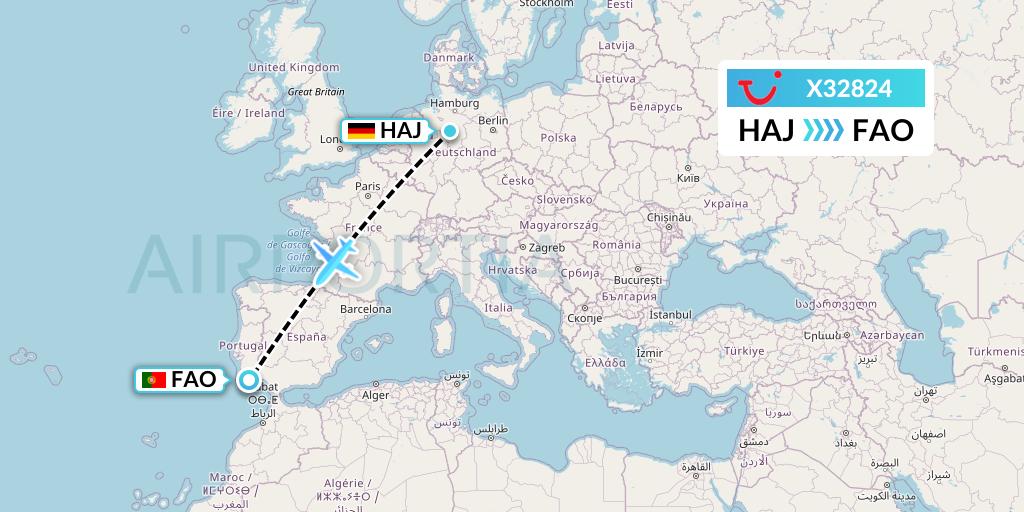 X32824 TUI fly Germany Flight Map: Hannover to Faro