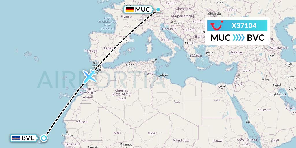 X37104 TUI fly Germany Flight Map: Munich to Boa Vista