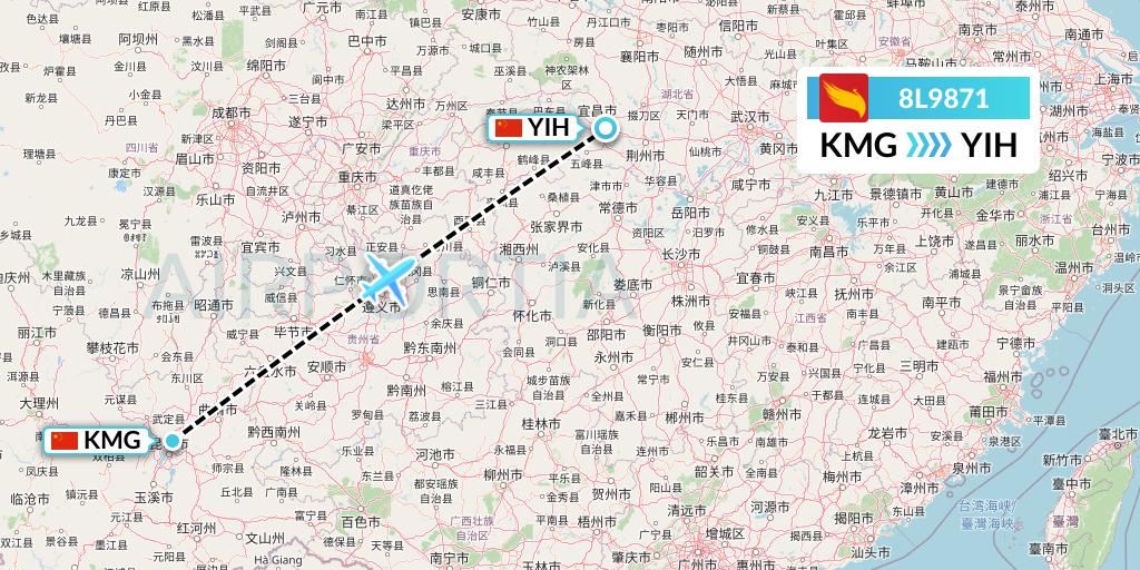 8L9871 Lucky Air Flight Map: Kunming to Yichang