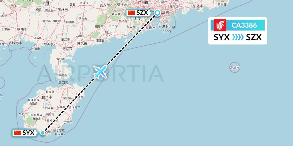 CA3386 Air China Flight Map: Sanya to Shenzhen