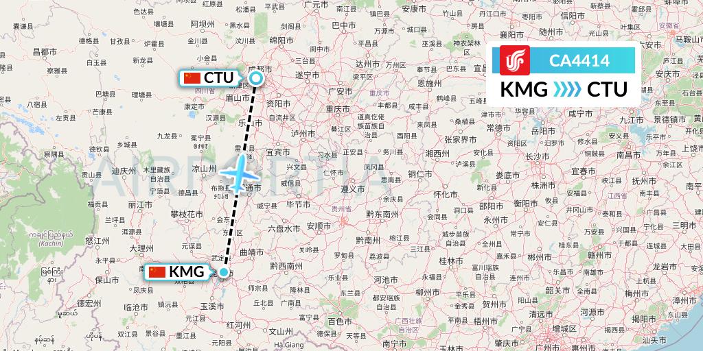 CA4414 Air China Flight Map: Kunming to Chengdu