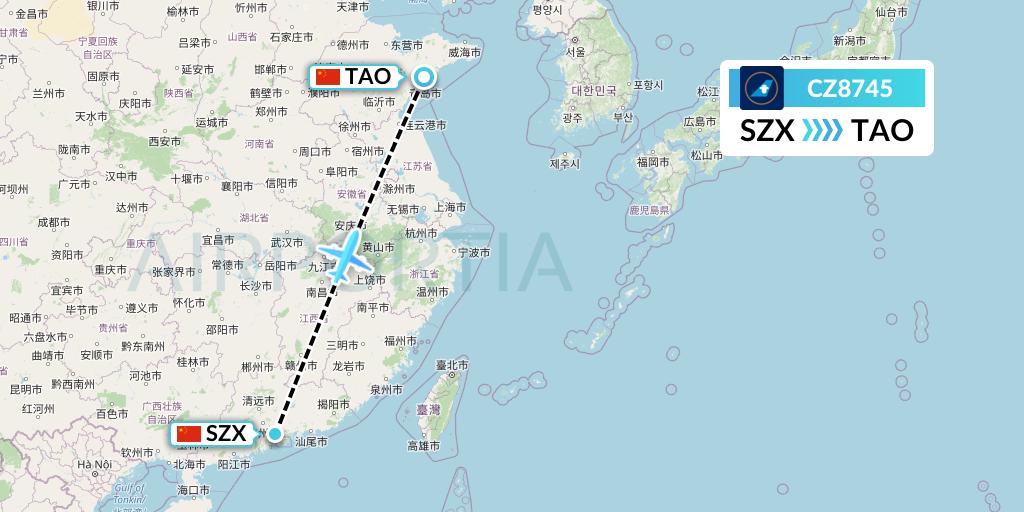 CZ8745 China Southern Airlines Flight Map: Shenzhen to Qingdao