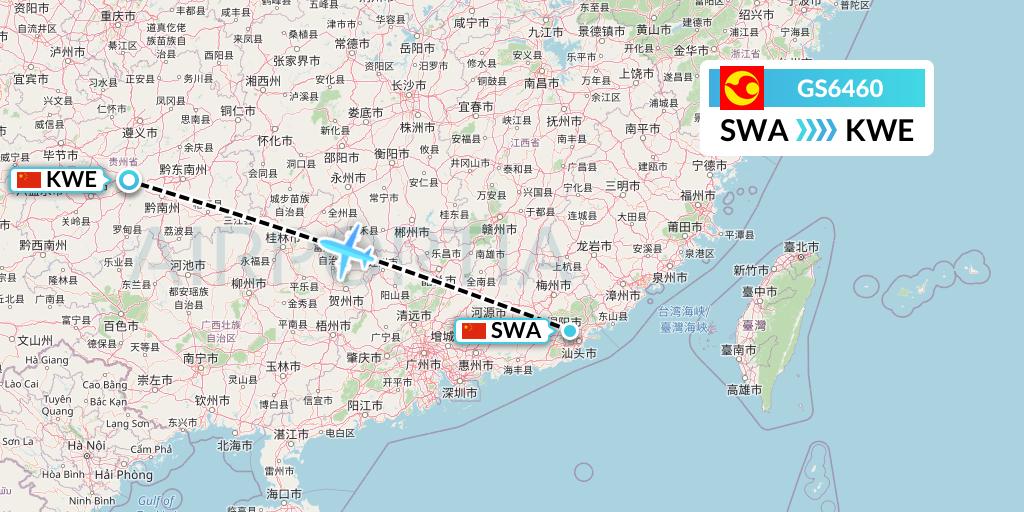GS6460 Tianjin Airlines Flight Map: Jieyang to Guiyang