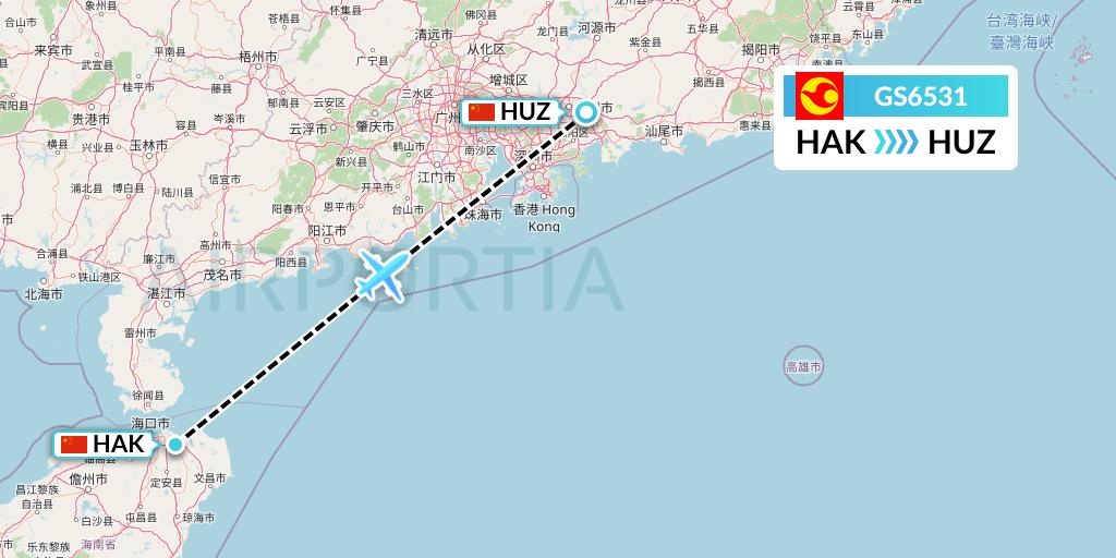 GS6531 Tianjin Airlines Flight Map: Haikou to Huizhou
