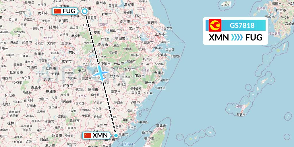 GS7818 Tianjin Airlines Flight Map: Xiamen to Fuyang