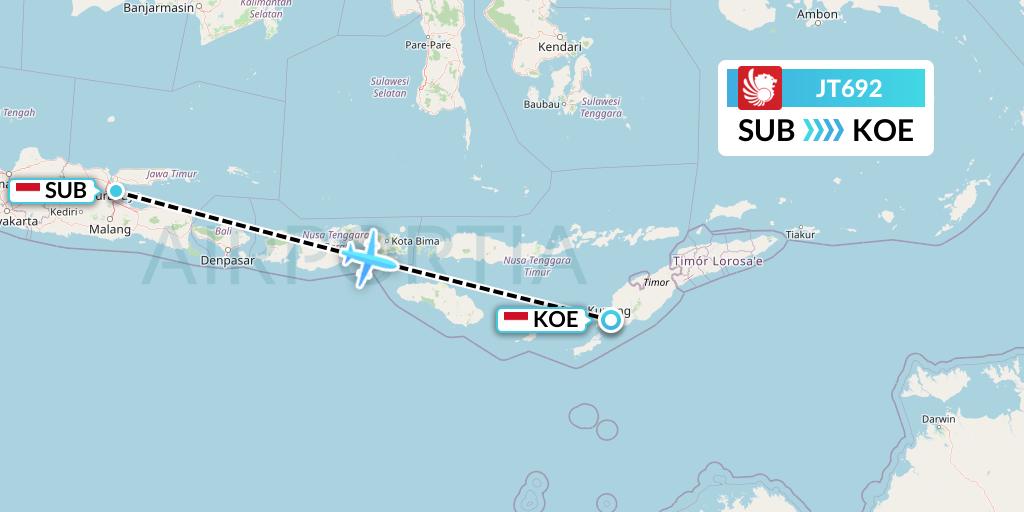 JT692 Lion Airlines Flight Map: Surabaya to Kupang